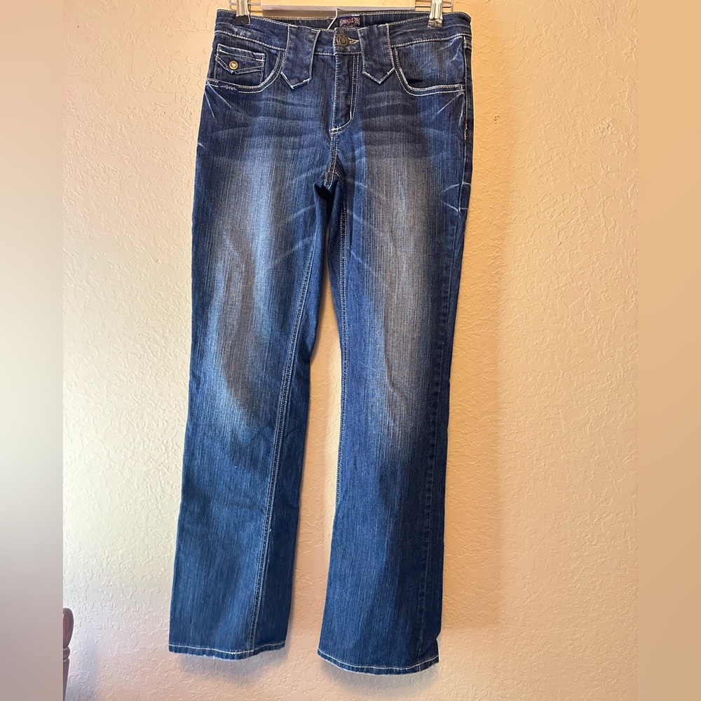 Cowgirl Up Blue Straight Leg Denim Jeans with Natural Fading